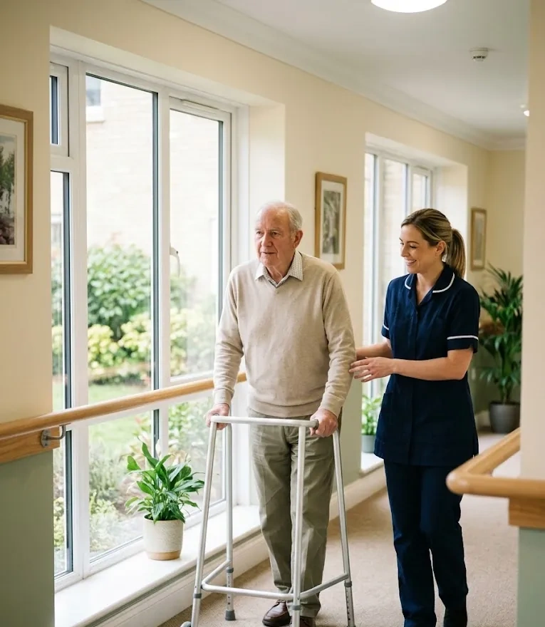 A resident walking with a frame along a bright corridor, supported by a carer
