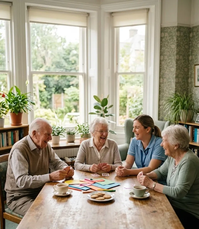Residents and a carer laughing together over a card game and cups of tea