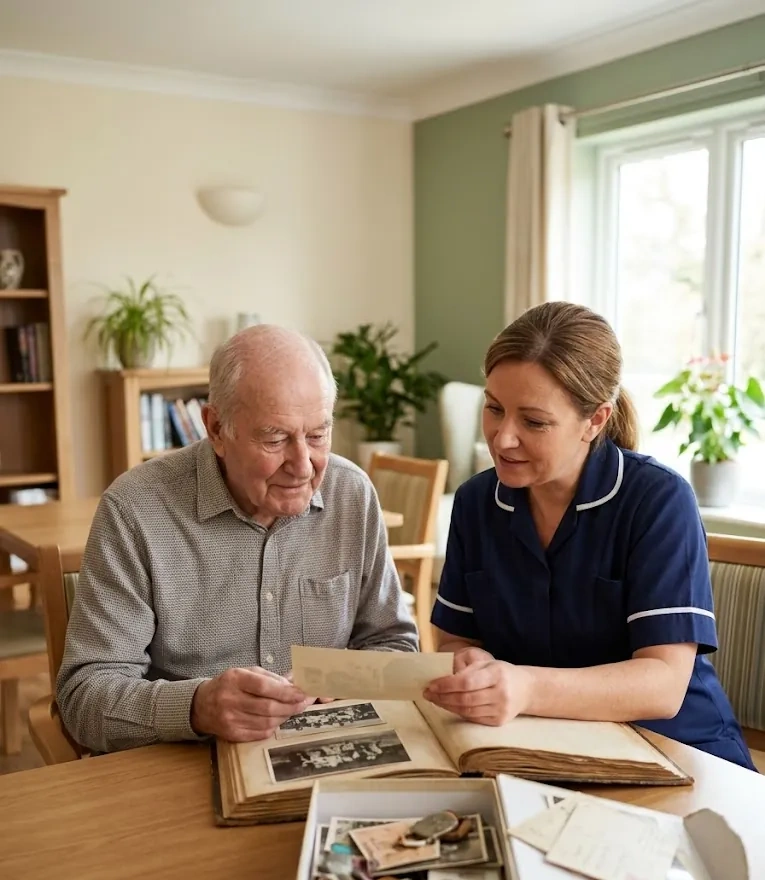 A carer and resident looking through a photo album and memory box together