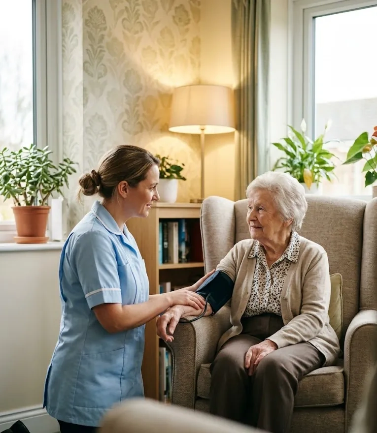 A nurse checking a resident's blood pressure in a homely lounge