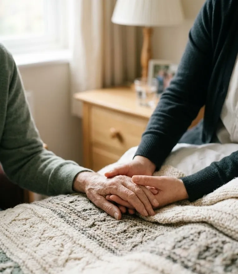 Hands gently held on a soft knitted blanket