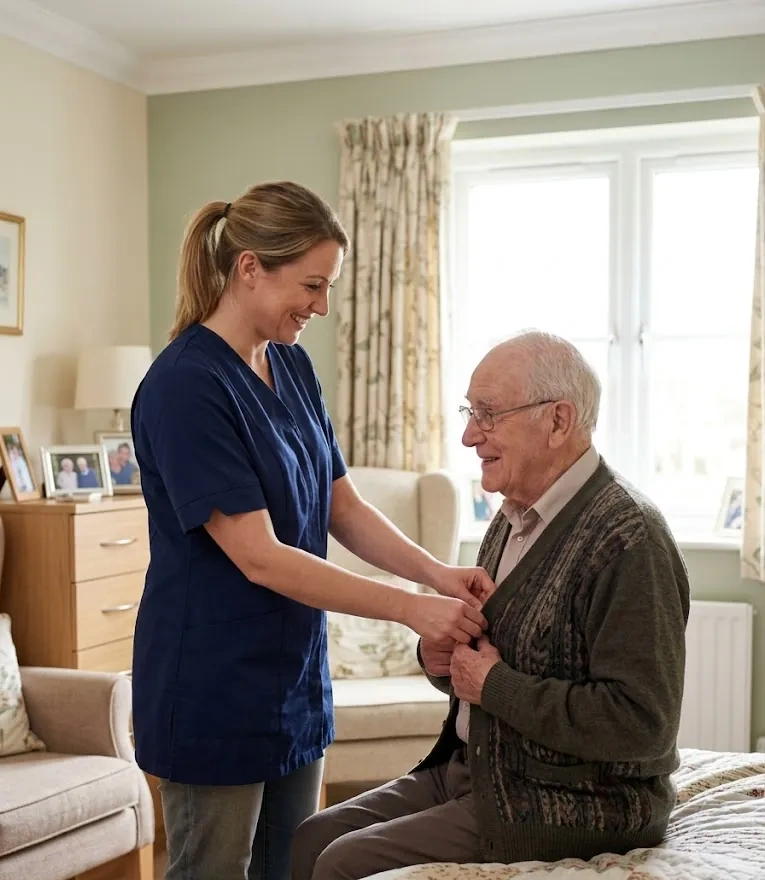 A carer helping a resident button his cardigan in his bedroom