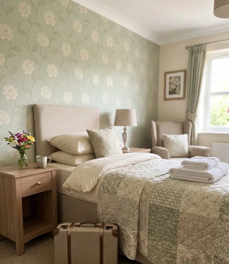 A welcoming guest bedroom with fresh towels, flowers and a small suitcase